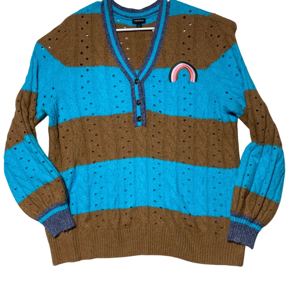 Torrid Womens Plus  2 Striped Eyelet Cable Knit Rainbow Patch Sweater Brown Teal